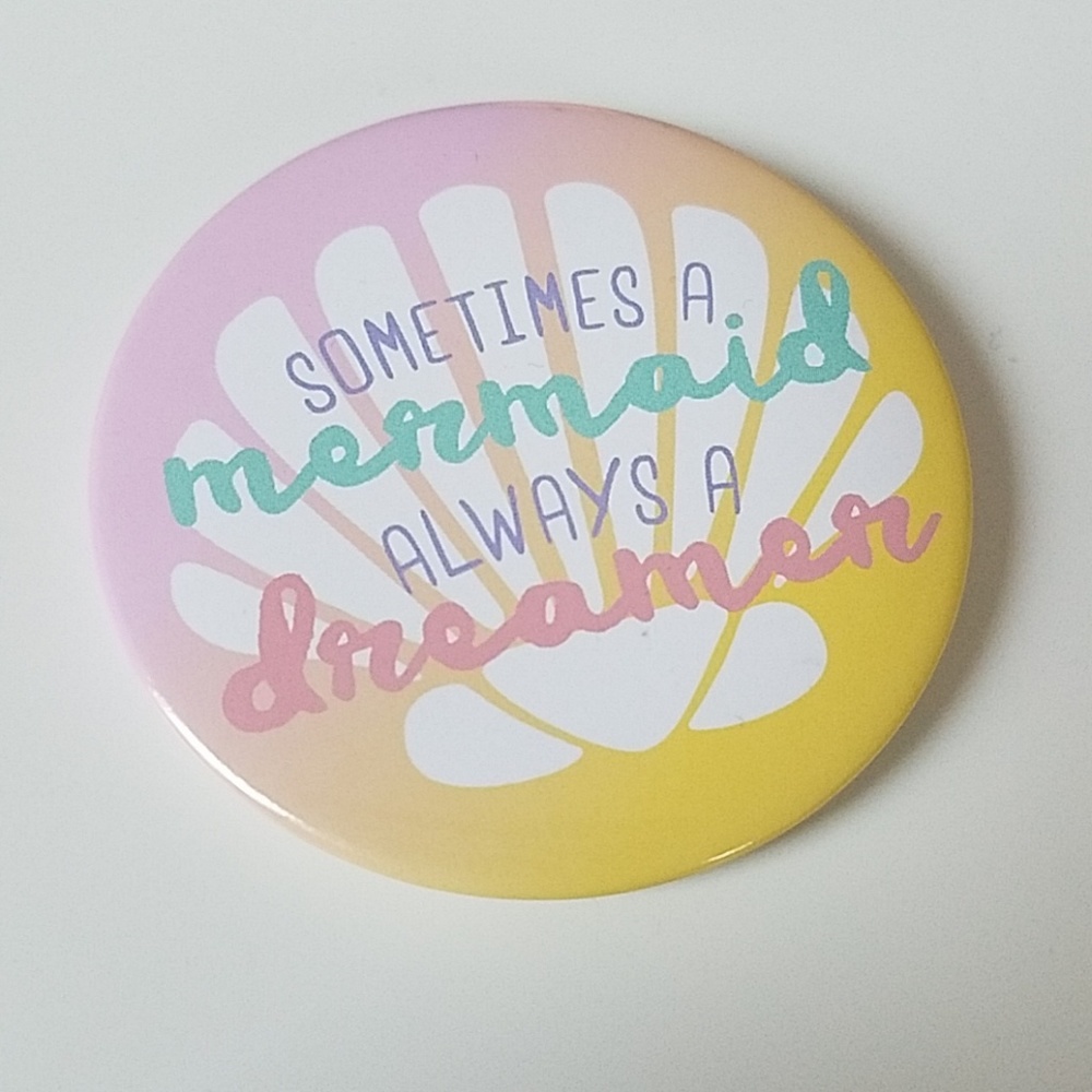 mermaid pin button pink yellow purple